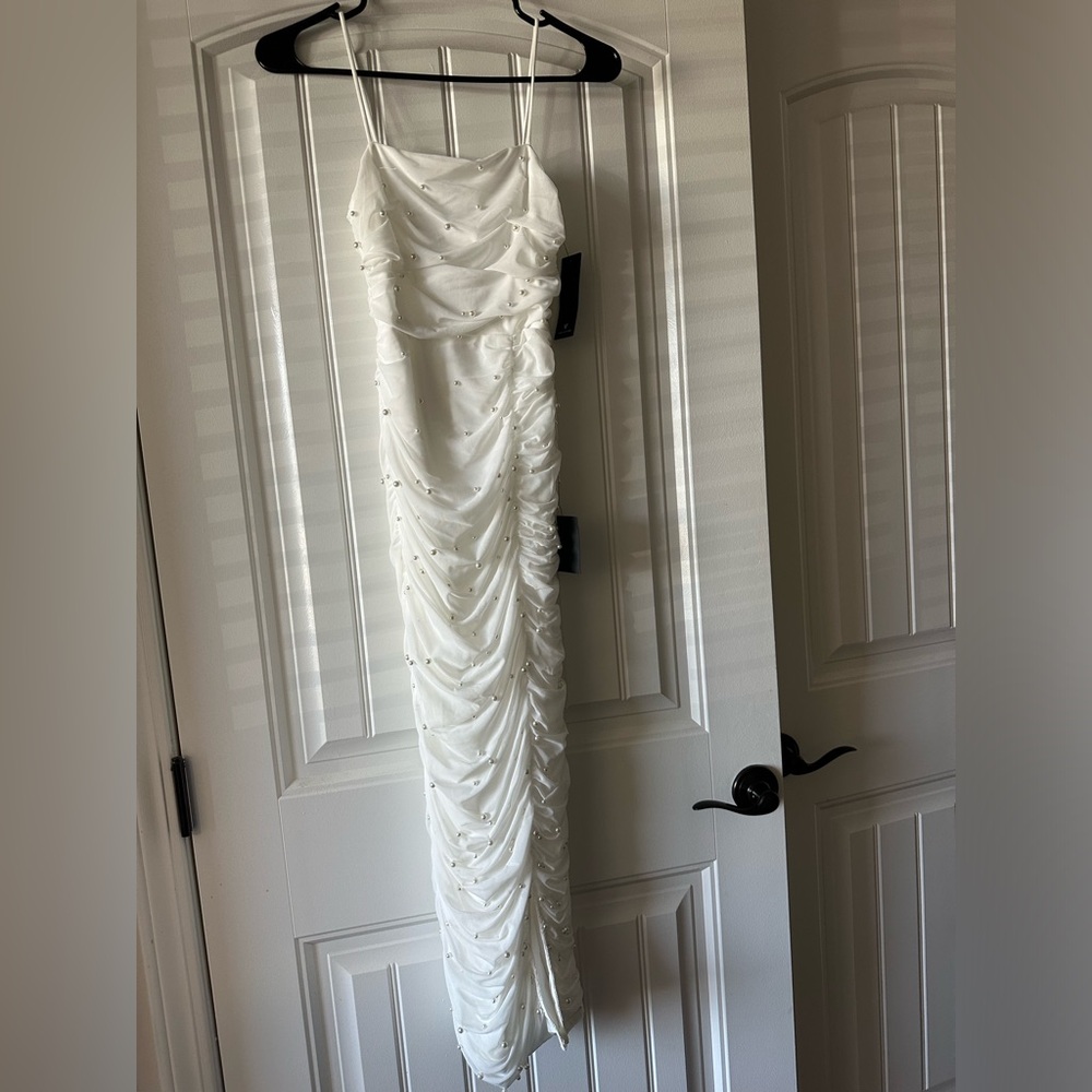 Lulus Toast to Romance White Ruched Pearl Bodycon Midi Dress, XS, New